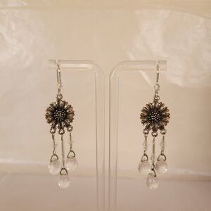 925 Sterling Sunflower Dangle Pierced Earrings Crystals 2.5 in.